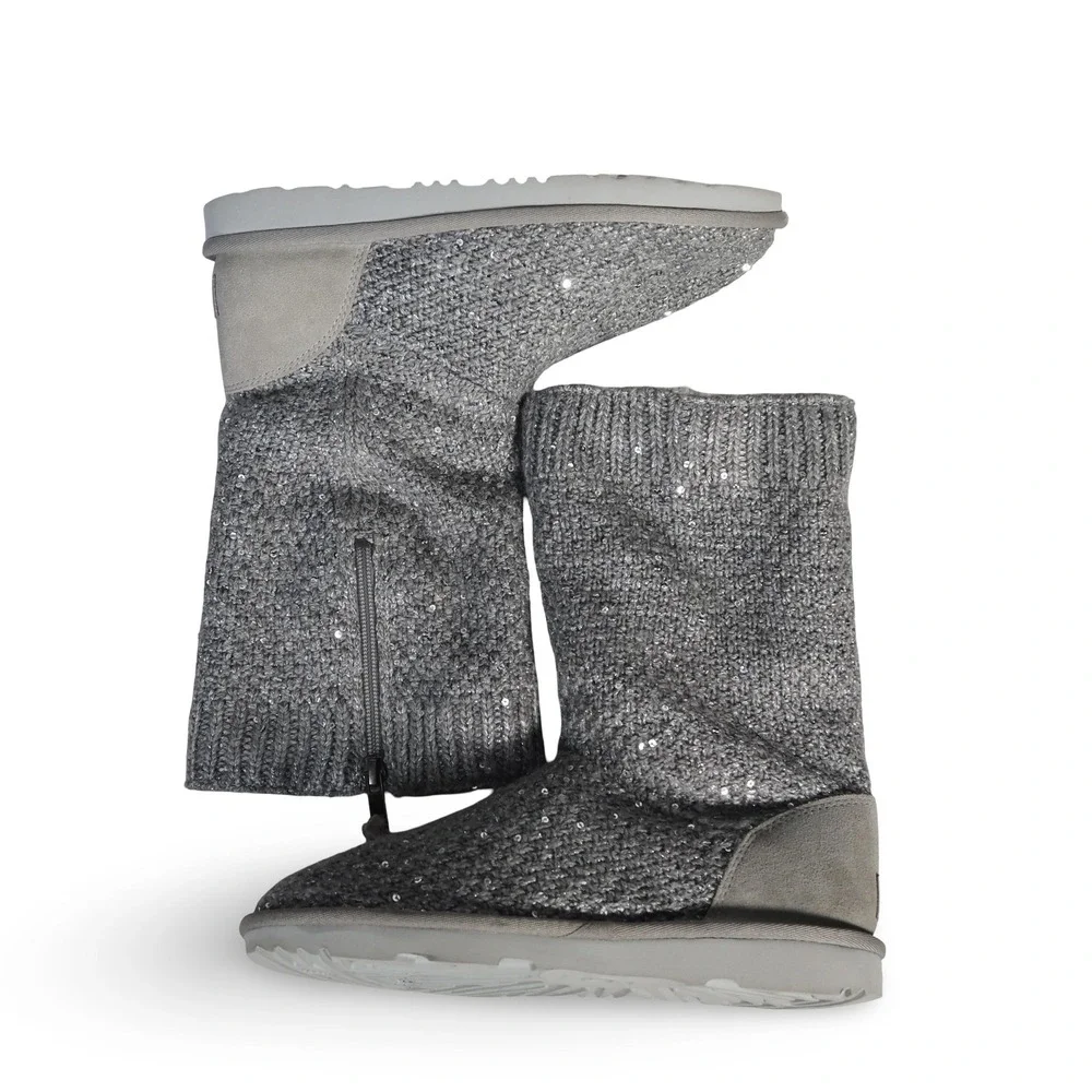 UGG Knit Sequin Side Zip Boots Grey 1104669K Youth‎ 5 Women's 6